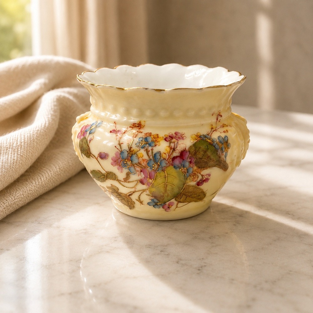 Royal Rudolstadt Bavaria Hand Painted Floral Porcelain Jardiniere Lion Handles